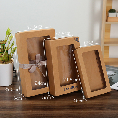กล่องของขวัญผ้าพันคอหน้าต่างตกแต่งถุงกระดาษคราฟท์พร้อมโบว์เคลือบมัน